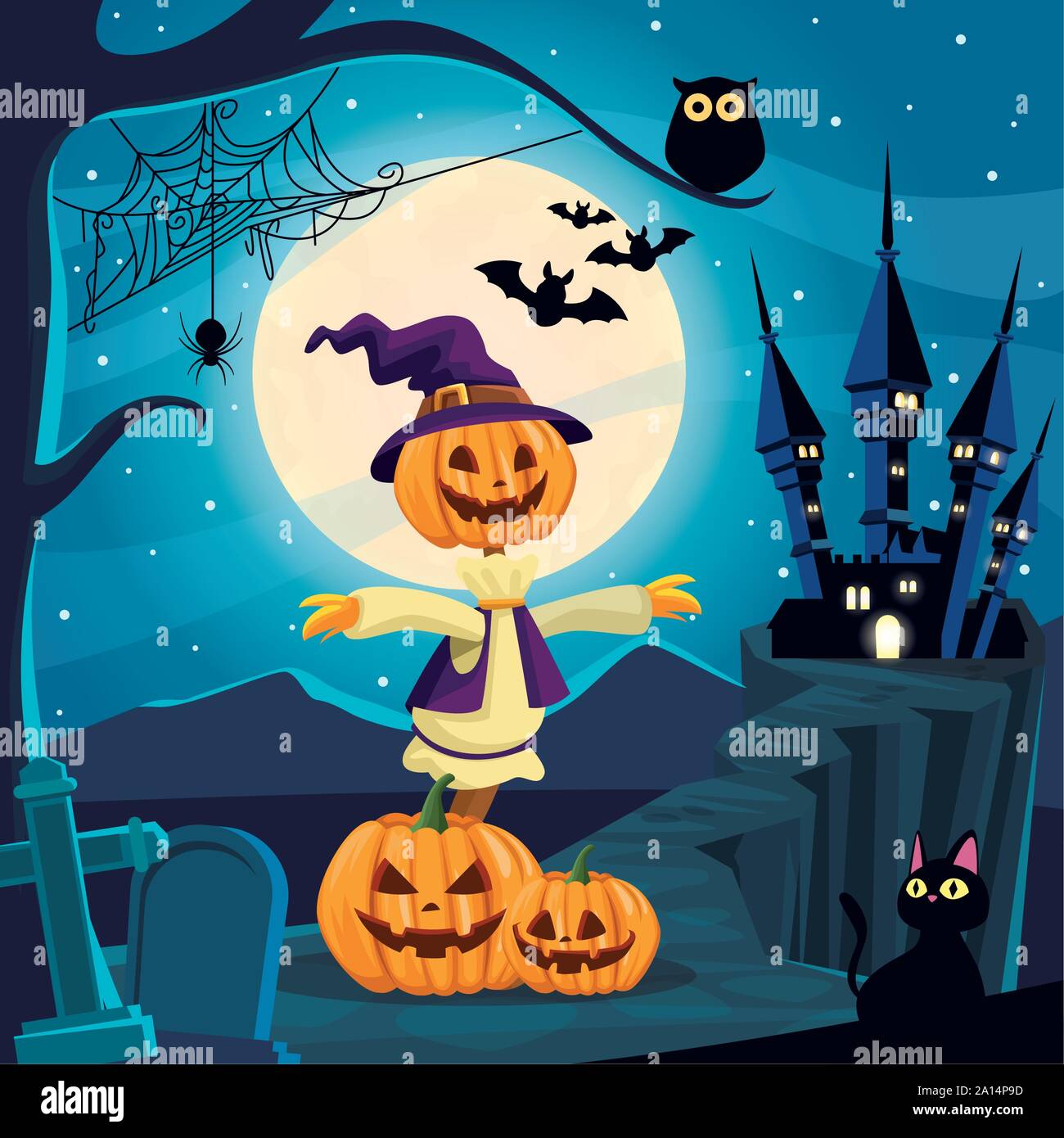 halloween dark scene with scarecrow and pumpkins Stock Vector Image ...