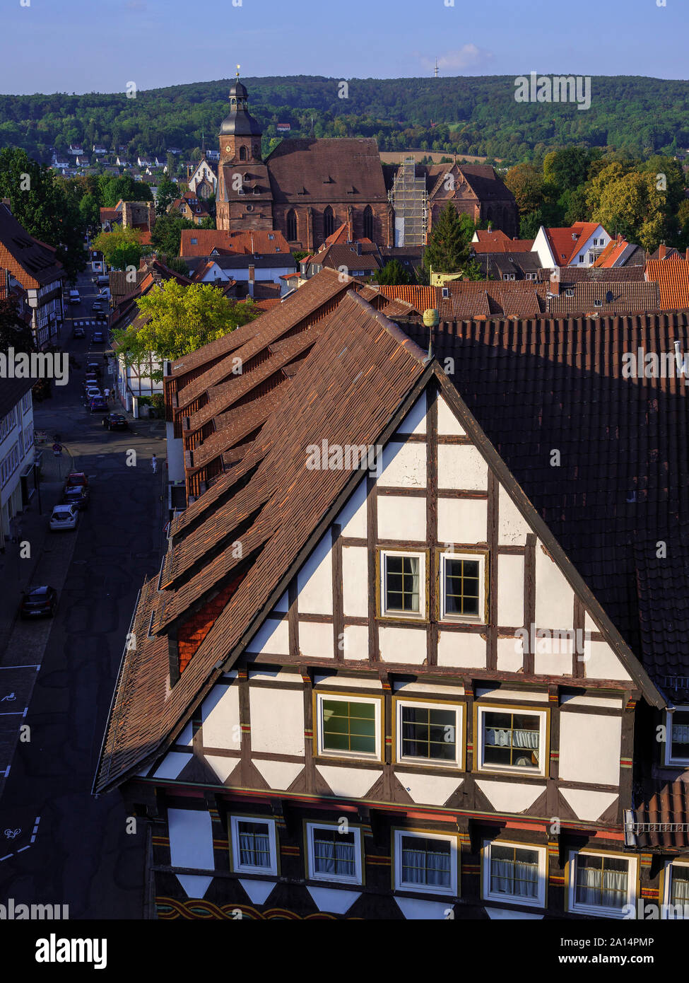 old city and church St. Alexandri, seen from Marketchurch St. Jacobi, Einbeck, Lower Saxony, Germany, Europe Stock Photo