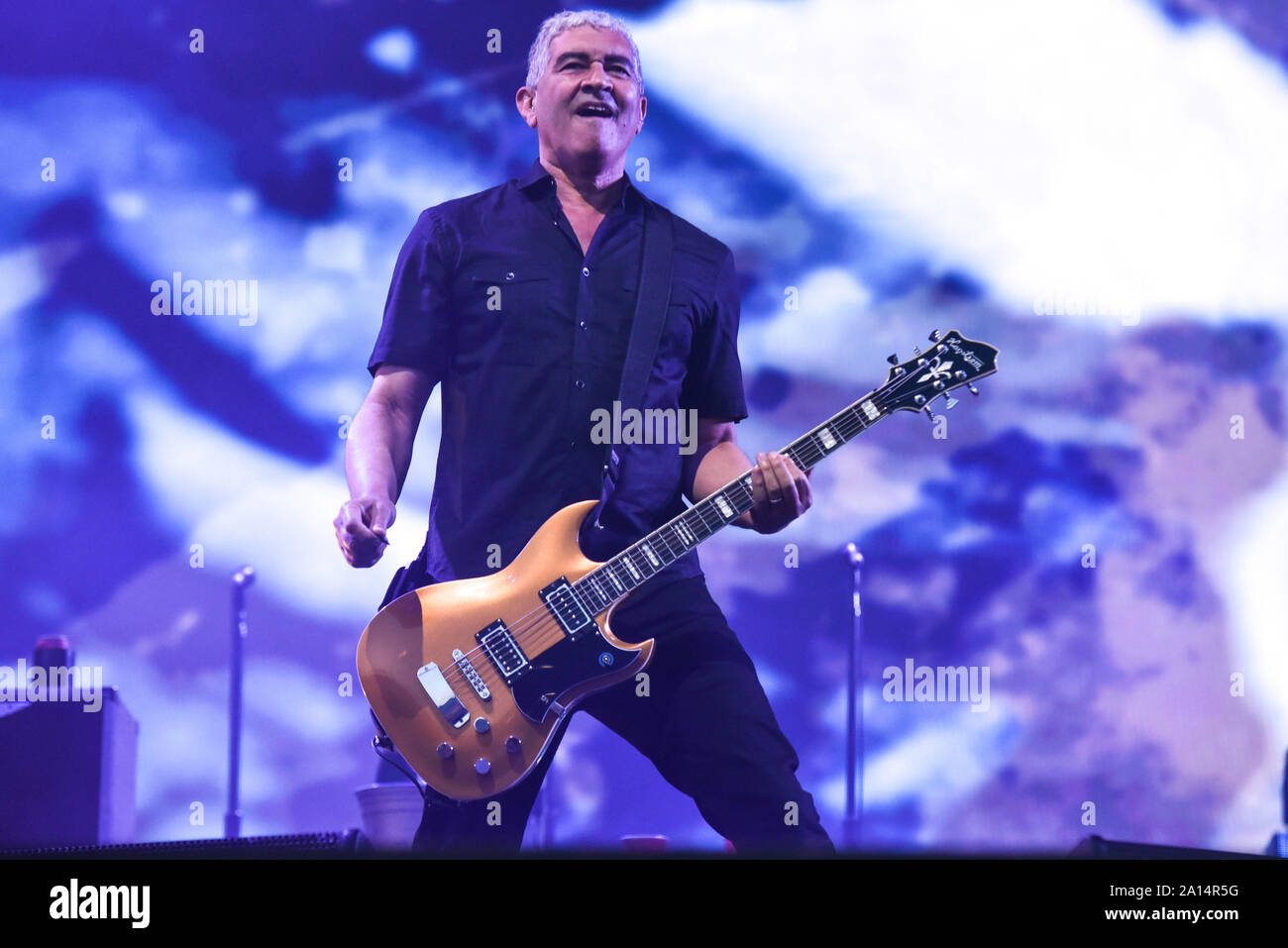 American rock superstars Foo Fighters performing their headline set on the  Main Stage at Leeds Festival, Bramham Park on 23rd August 2019 Featuring: Pat  Smear Where: Leeds, United Kingdom When: 23 Aug