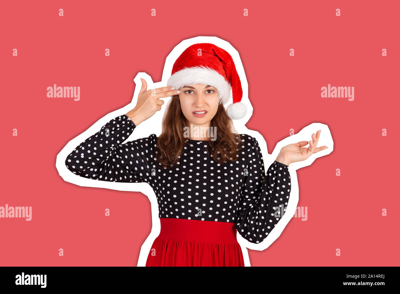 Annoyed and displeased woman in dress shrugging and holding fingers on temple. emotional girl in santa claus christmas hat Magazine collage style with Stock Photo
