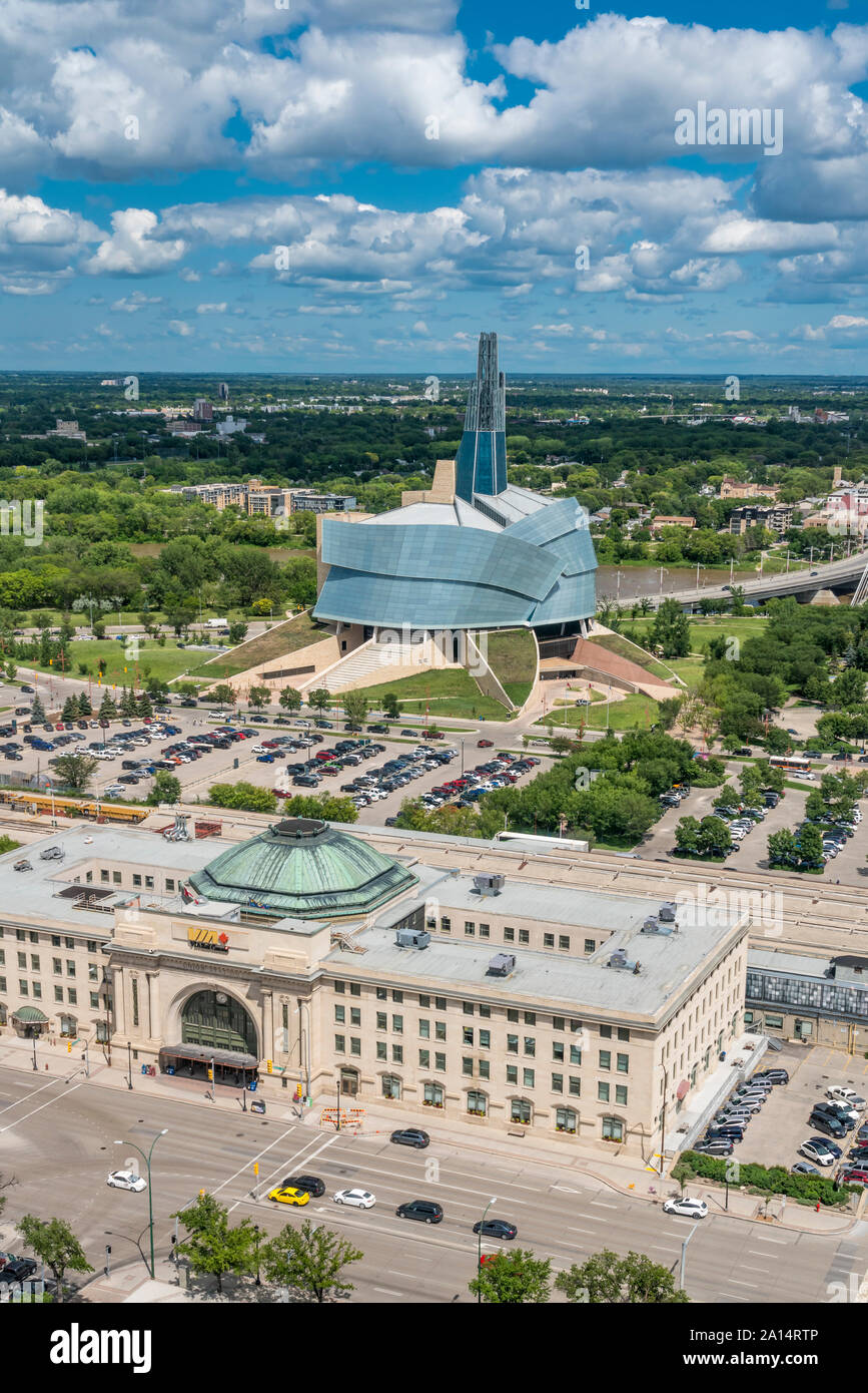 The Forks And The Canadian Museum For Human Rights From The Prairie 360 Restaurant In Winnipeg Manitoba Canada Stock Photo Alamy