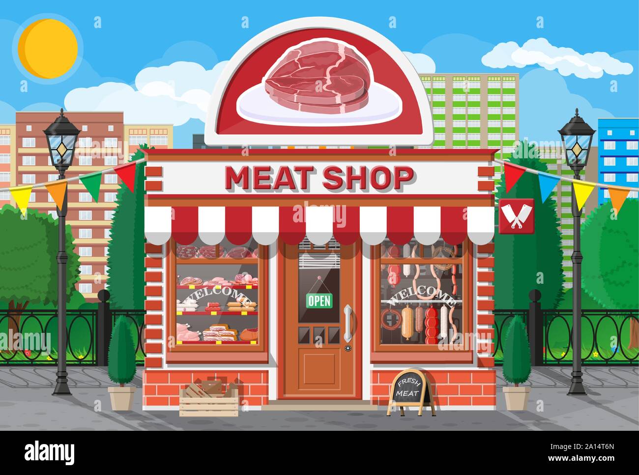 Vintage butcher shop store facade with storefront. Stock Vector