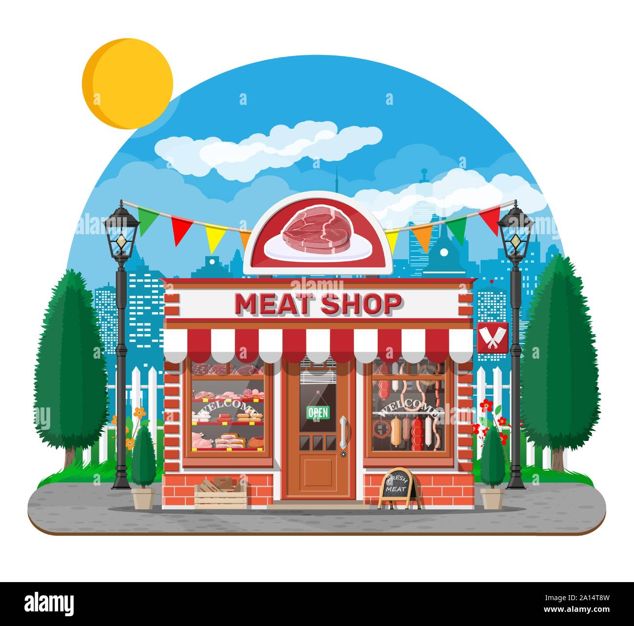Vintage butcher shop store facade with storefront. Stock Vector