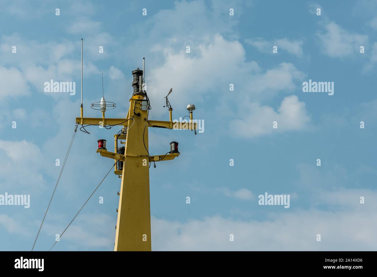 communication equipment in the mast of a ferryboat against blue sky, Svendborg, Denmark, July 13, 2019 Stock Photo
