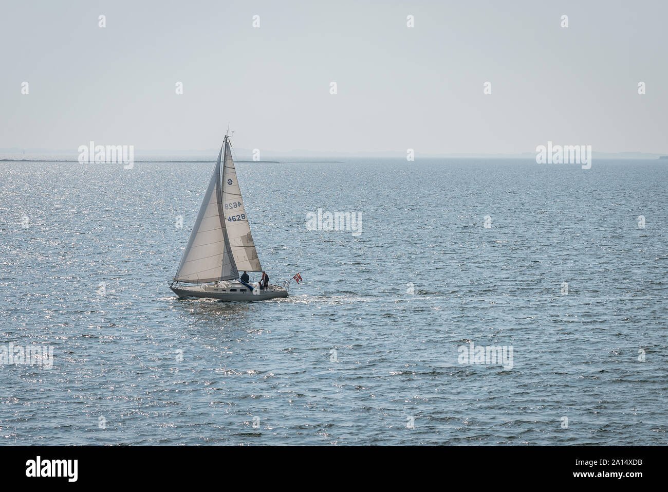 sailingboat alone in open sea at the south Fyn archipelago, Svendborg, Denmark, July 13, 2019 Stock Photo