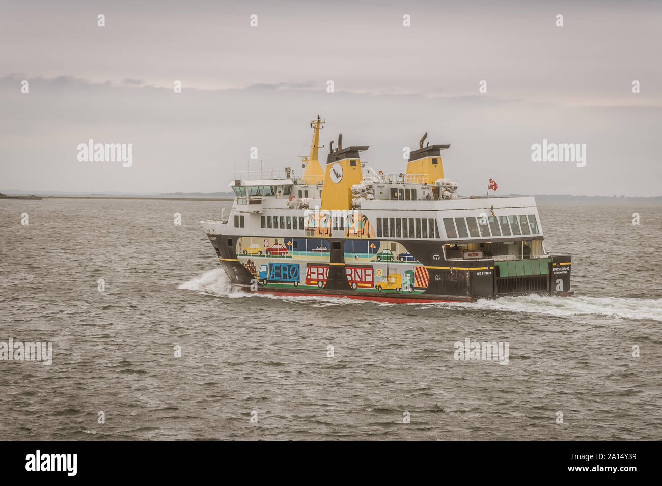 Colourful ferryboat sailing to the danish island of Ærø, July 13, 2019 Stock Photo