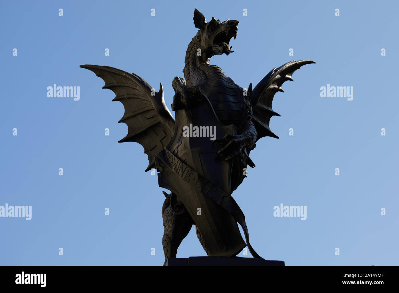 London, U.K. - Sept 17, 2019: Sculpture by Charles Bell Birch of a dragon that sits atop the Temple Bar Memorial in the Strand. It marks the ancient e Stock Photo