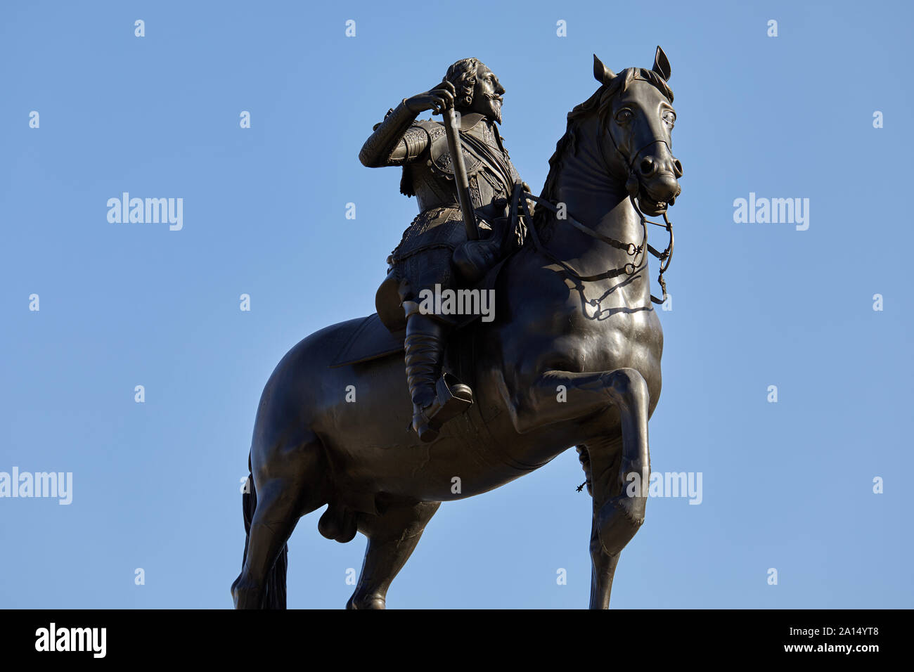 London, U.K. - Sept 18, 2019: The equestrian statue of Charles I which sits at the original site of Charing Cross, now the top of Whitehall. Designed Stock Photo