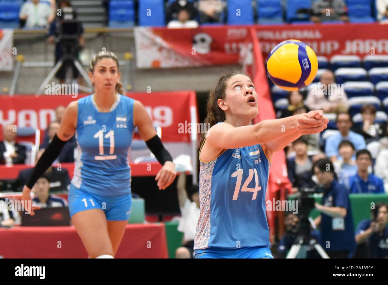 Toyama, Japan. 24th Sep, 2019. Victoria Mayer (R) of Argentina competes during the Round Robin match between Cameroon and Argentina at the 2019 FIVB Women's World Cup in Toyama, Japan, Sept. 24, 2019. Credit: Zhu Wei/Xinhua/Alamy Live News Stock Photo
