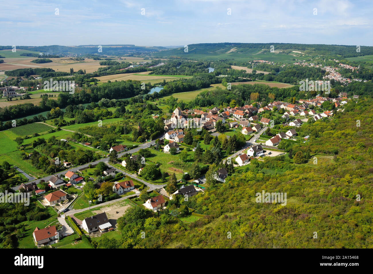 Charteves (northern France).  Aerial view of the village nestled on a hillside in the Marne valley and landscape of the surrounding countryside and Ch Stock Photo