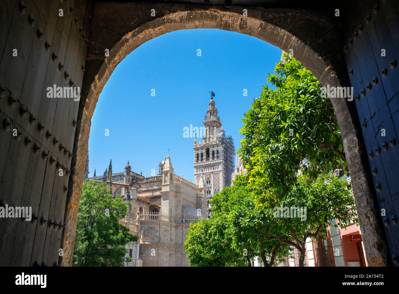 Giralda Seville, view of the 12th century Moorish tower known as La Giralda in the center of the Old City Quarter of Seville, Andalucia, Spain Stock Photo