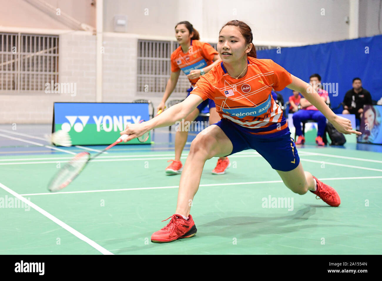 Teoh Mei Xing and Yap Ling (Malaysia) are seen in action during the 2019 Sydney International Women's Doubles Semi Finals match against Cheng Yu Chieh and Tseng Yu-Chi (Chinese Taipei).  Teoh and Yap lost the match, 21-19, 21-18. Stock Photo