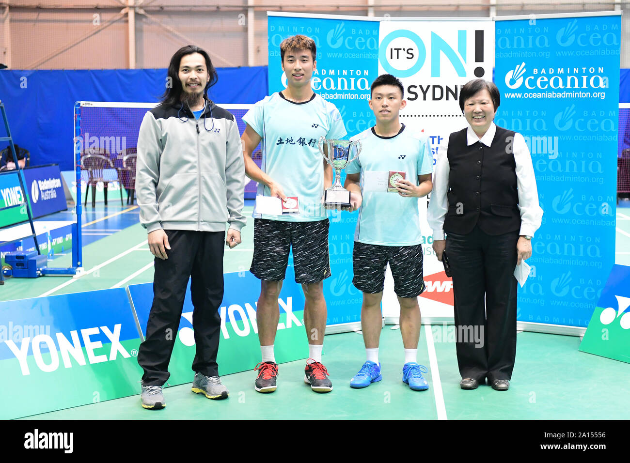 Chen Xin-Yuan and Lin Yu Chieh (Chinese Taipei) seen during the  Men's Single medal awarding ceremony of the 2019 Sydney International, Chen and Lin won the gold medal by defeating Alvin Morada and Peter Gabriel Magnaye (Philippines), 9-21, 21-11, 21-15.  From left to right: Yonex Australia area manager Michael Fariman, Chen, Lin and Badminton NSW President Carolyn Toh. Stock Photo