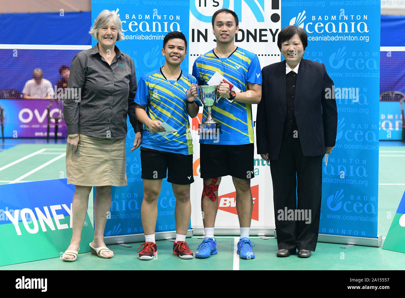 Peter Gabriel Magnaye and Thea Marie Pomar (Philippines) seen during the Mixed Doubles medal awarding ceremony of the 2019 Sydney International, Magnaye and Pomar won the gold medal by beating Oliver Leydon-Davis and Anona Pak (New Zealand) 21-9, 21-19,  from left to right: President for Oceania Badminton Confederation Geraldine Brown, Pomar, Magnaye and Badminton NSW President Carolyn Toh. Stock Photo