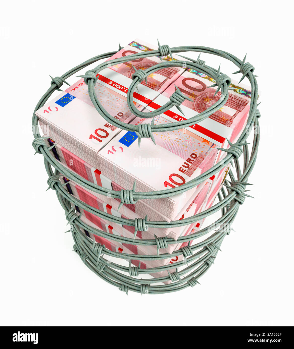 Euros banknotes stack wrapped in barbed wire – concept Stock Photo