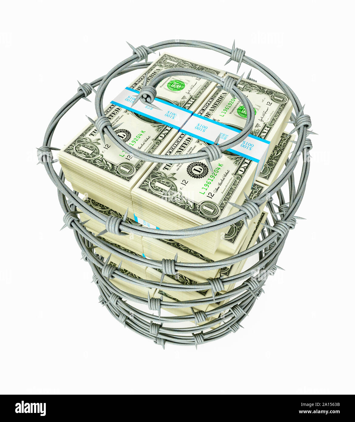 Dollar bills, banknotes stack wrapped in barbed wire – concept Stock Photo