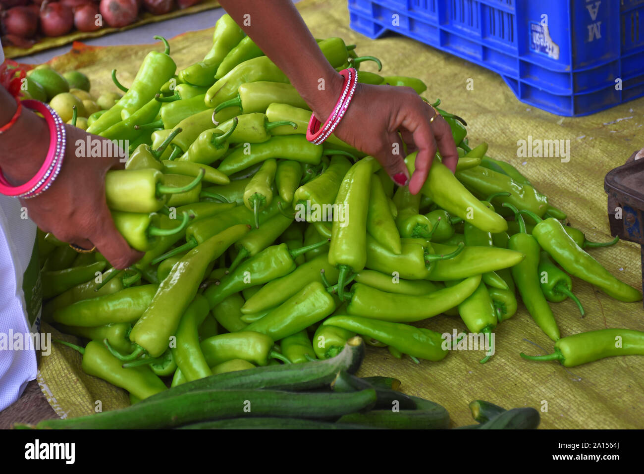 hands of lady buying green Bird's eye chili in indian market Stock Photo