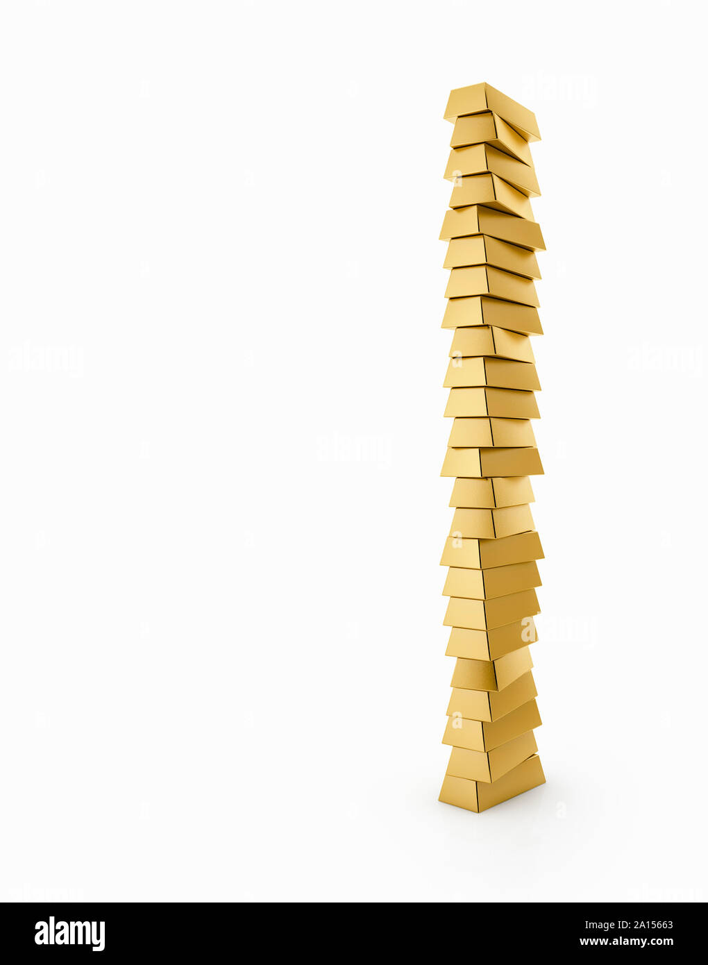 Tall stack of gold bars ingots on a white background Stock Photo