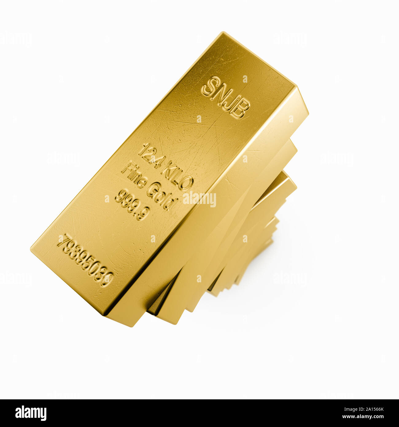 Tall stack of gold bars ingots on a white background Stock Photo