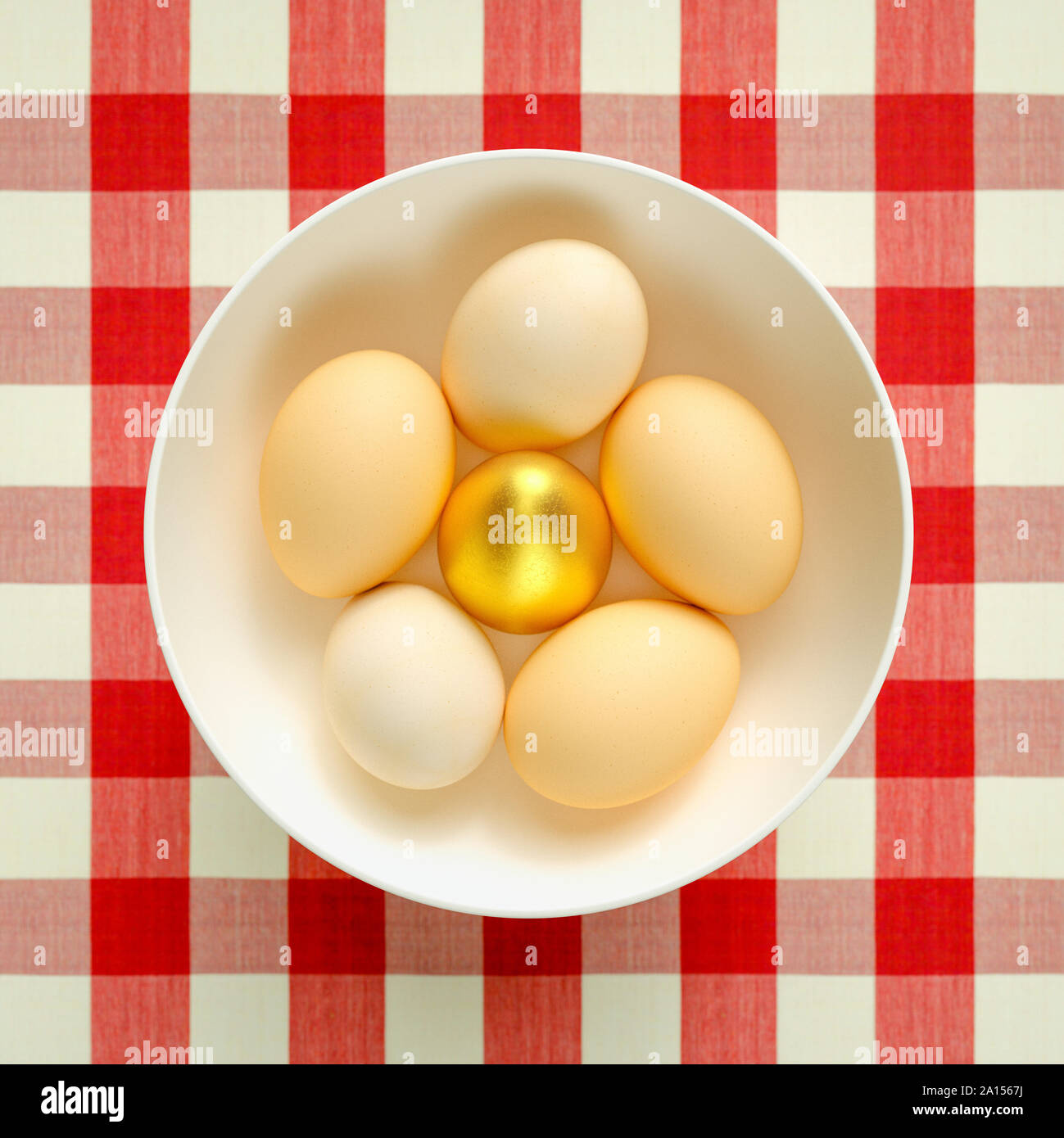 Golden egg in a bowl of eggs - overhead view Stock Photo