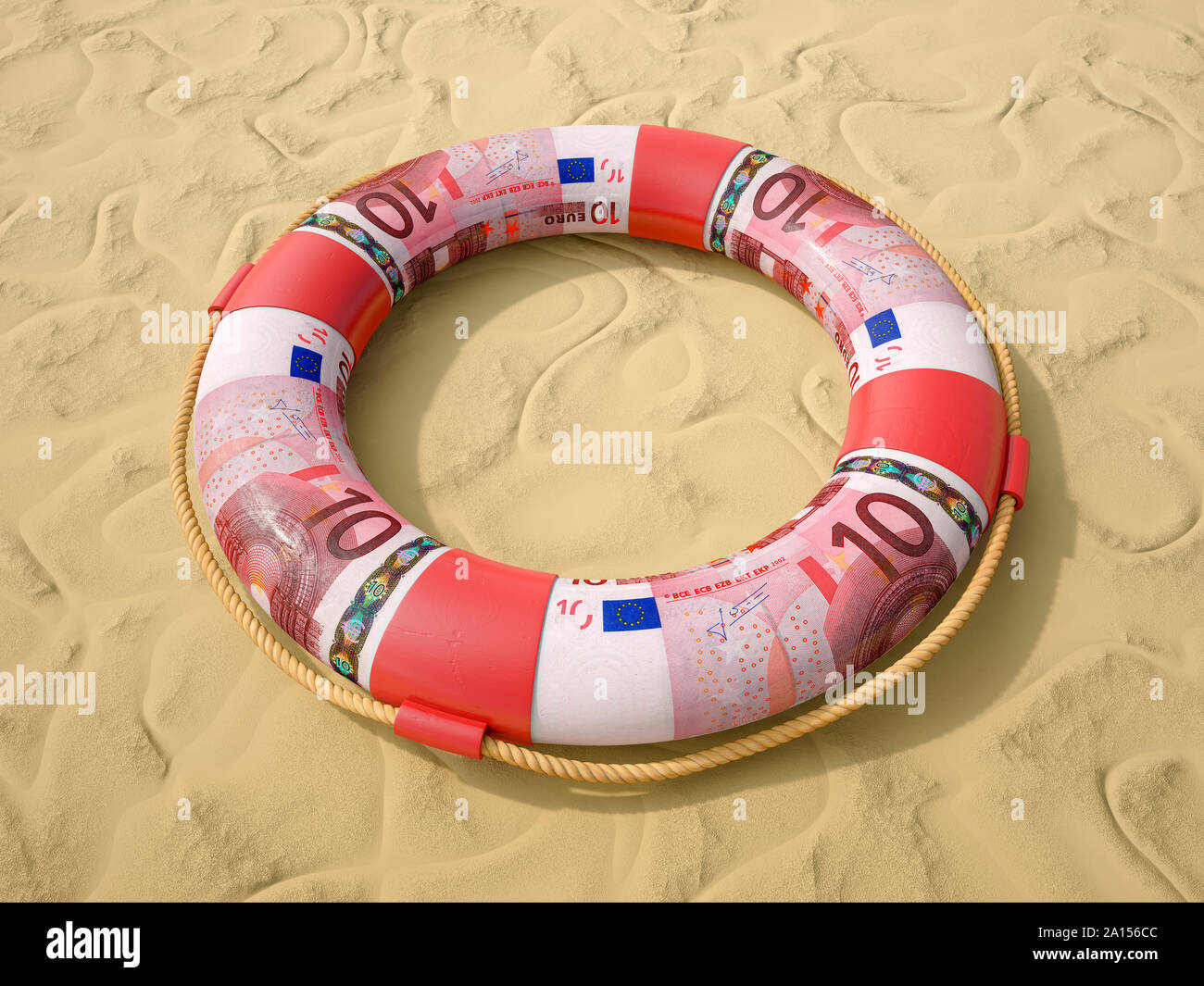 Lifebelt, life ring preserver made of Euro banknotes on sand Stock Photo