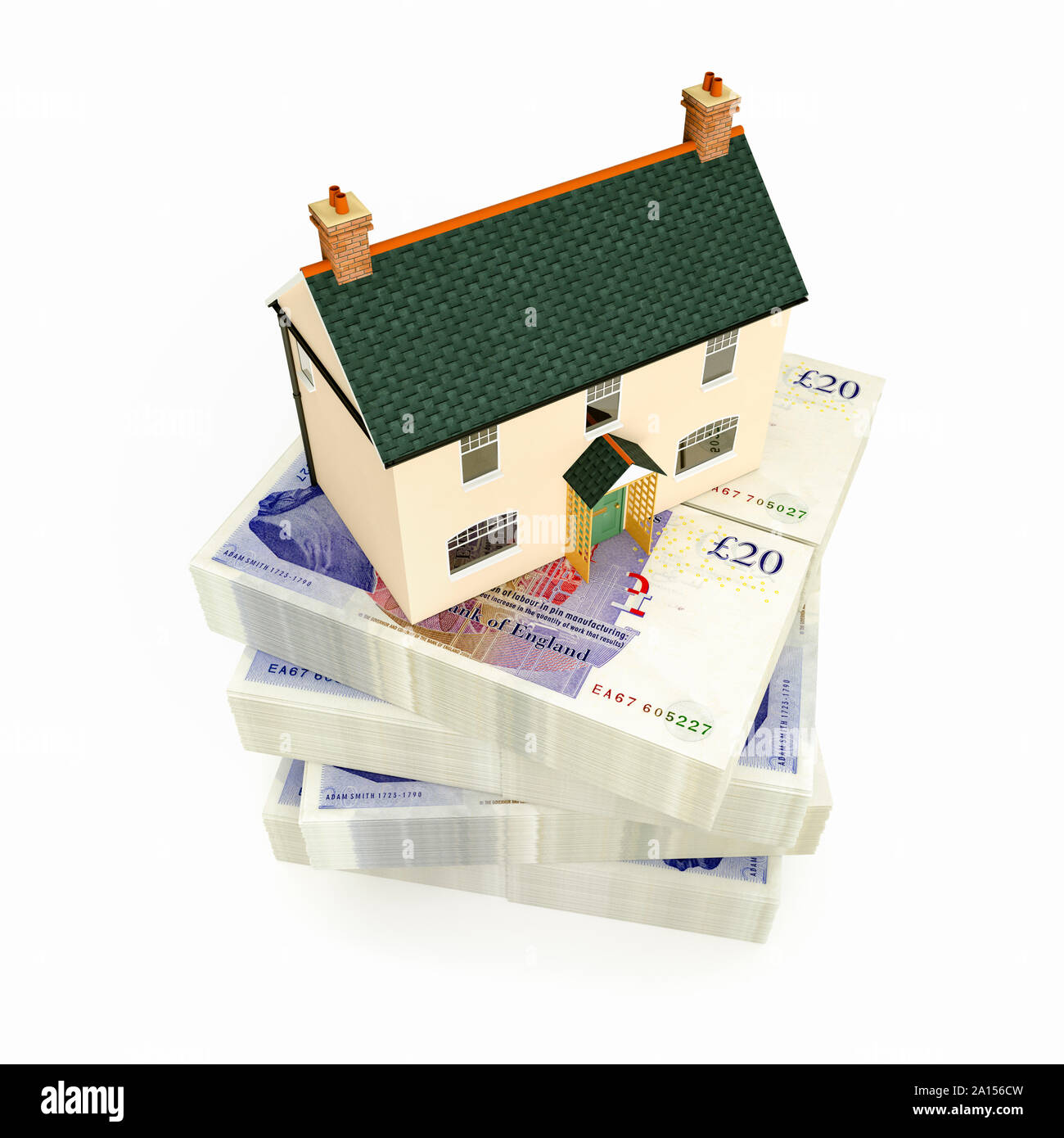 House on a stack of UK 20 pound notes GBP sterling Stock Photo