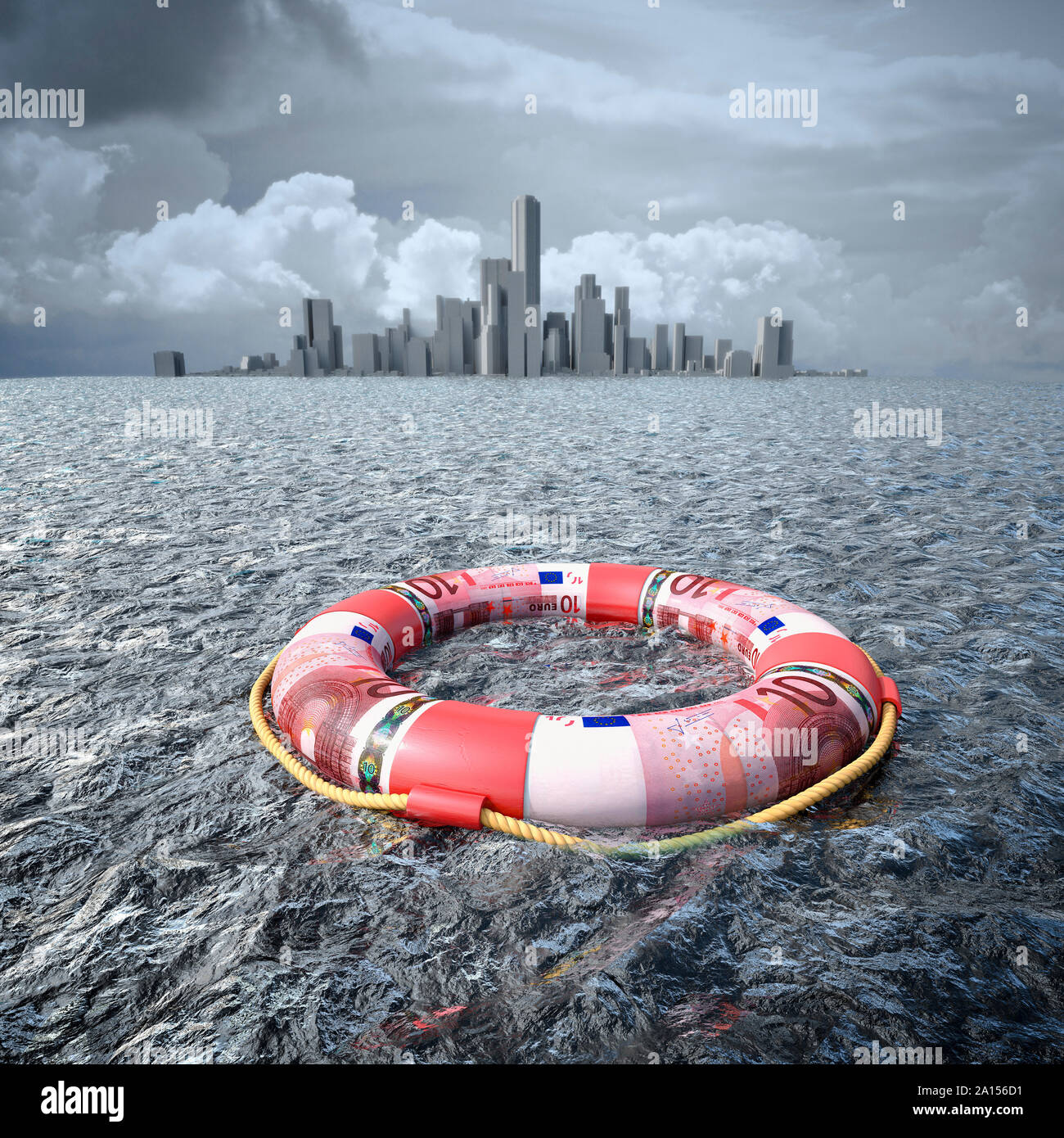 Lifebelt, life ring preserver made of Euros currency drifting on the ocean in front of a city Stock Photo