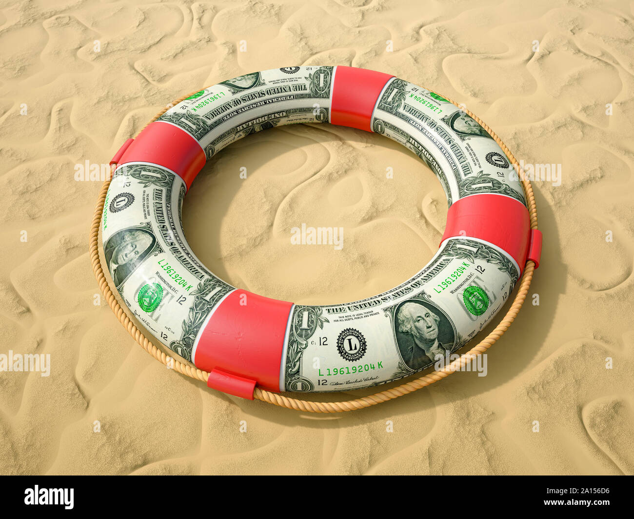 Lifebelt, life ring preserver made of US dollar bills on sand Stock Photo