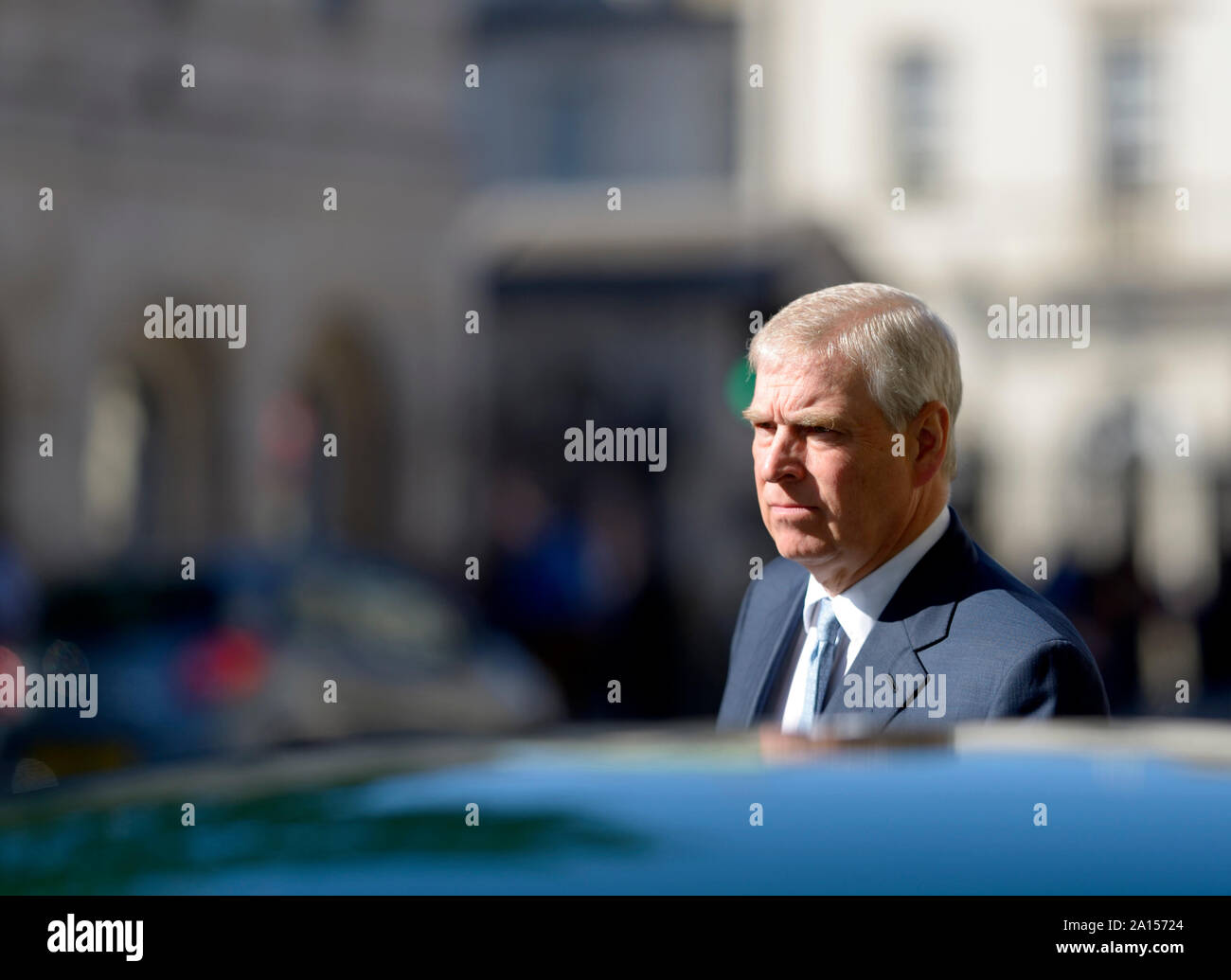 Westminster, London, UK. 17th September 2019. Prince Andrew, Duke of York leaves Sixty One Whitehall - prestigious event and conference venue in Westm Stock Photo