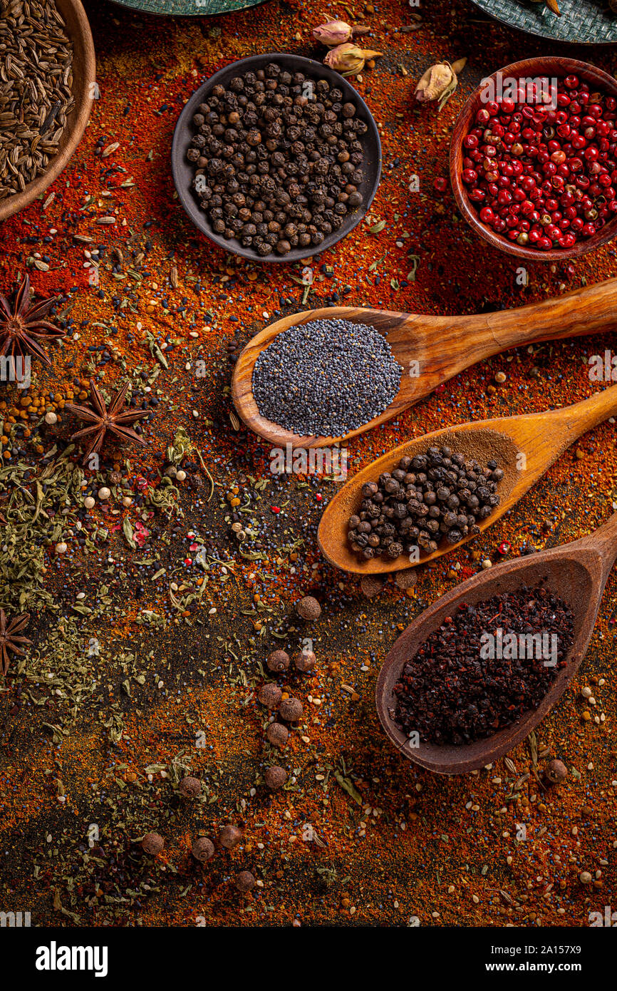Spices and condiments for cooking, flat lay composition Stock Photo