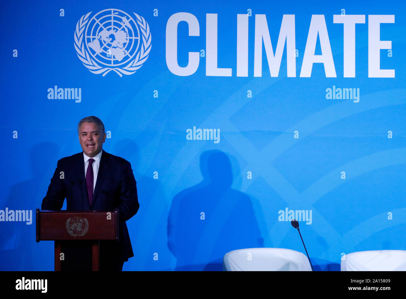 (190924) -- UNITED NATIONS, Sept. 24, 2019 (Xinhua) -- Colombian President Ivan Duque Marquez addresses the UN Climate Action Summit at the UN headquarters in New York, Sept. 23, 2019. (Xinhua/Li Muzi) Stock Photo