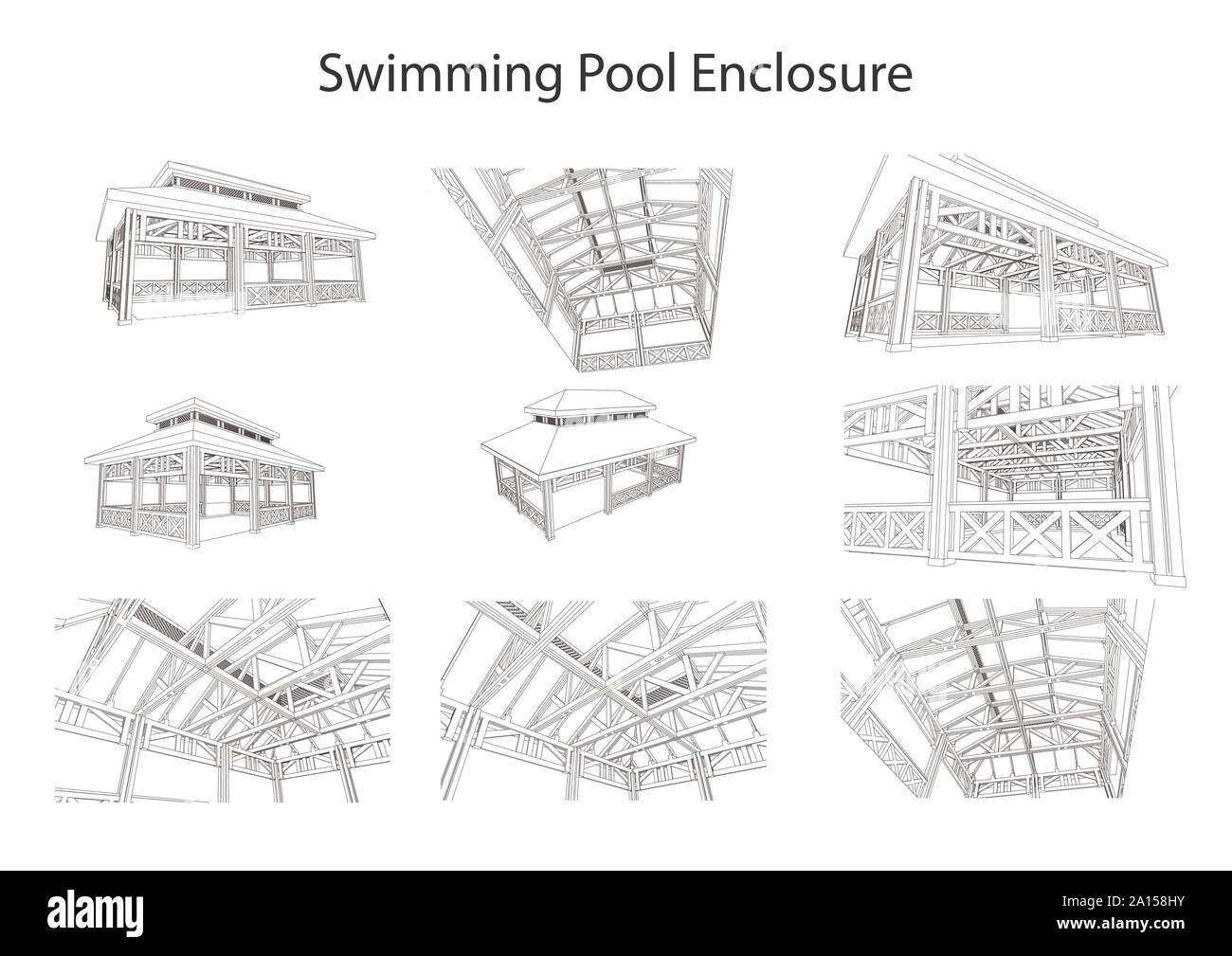 Detailed architectural 3d sketch of swimming pool enclosure from