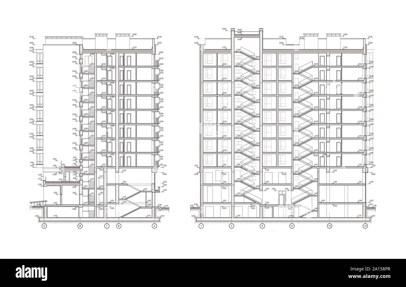 Multistory building section, detailed architectural technical drawing