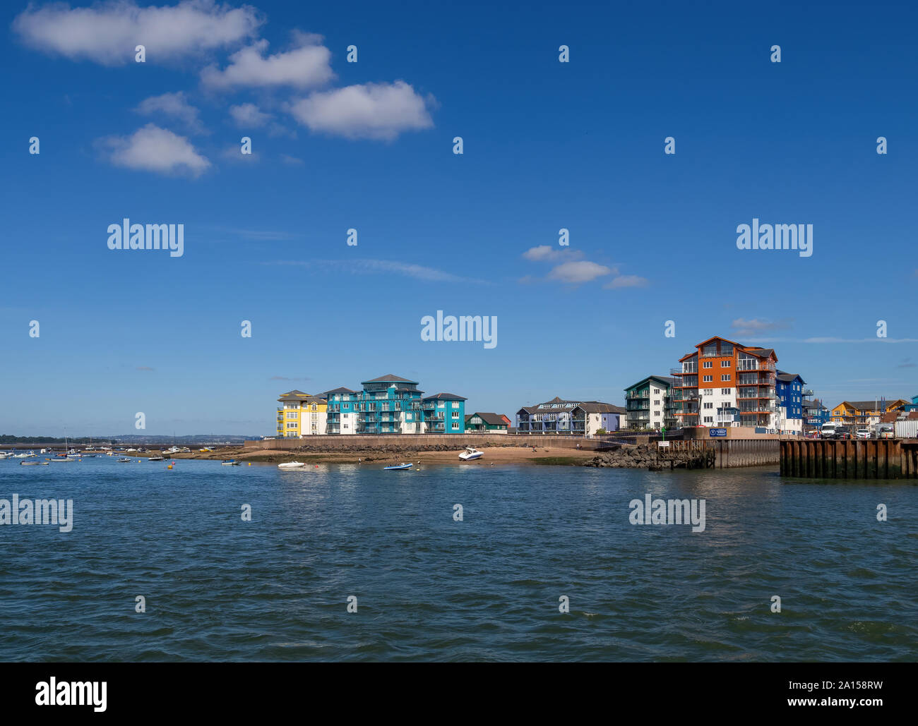 EXMOUTH MARINA, DEVON, UK - SEPTEMBER 20, 2019: View of seafront and marina, seen from offshore on a sunny day. Stock Photo