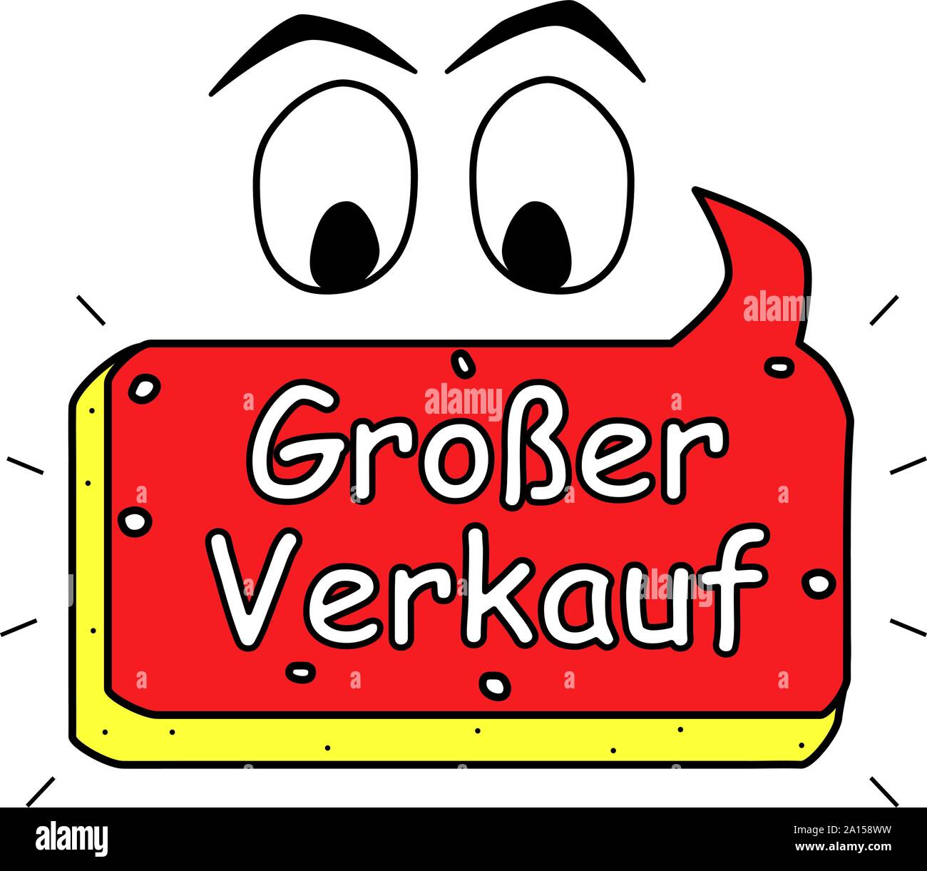 Big sale. German, text icon, poster. Color element logo illustration, comic badge. Web sticker, eyes, banner. Stock Vector