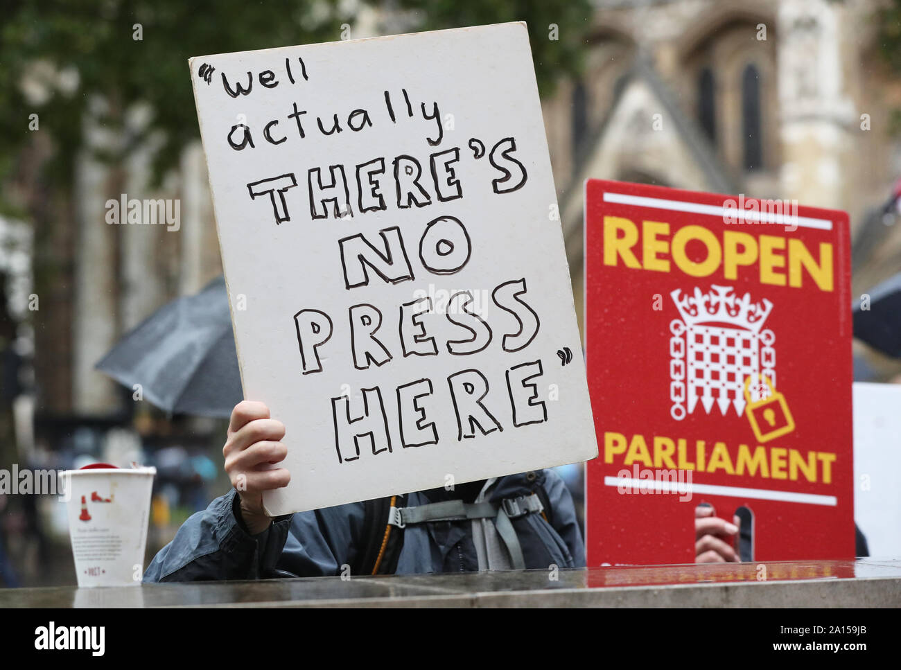 Protesters outside the Supreme Court in London, where judges are ruling on the legality of Prime Minister Boris Johnson's decision to suspend Parliament for five weeks. Stock Photo