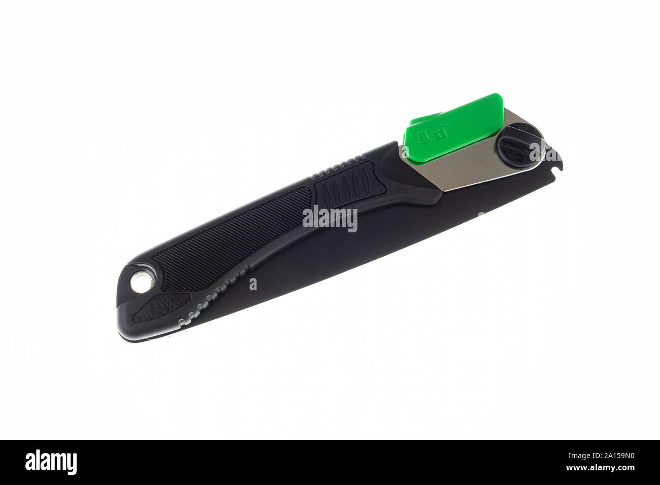 Folding handsaw in folded state isolated on white Stock Photo