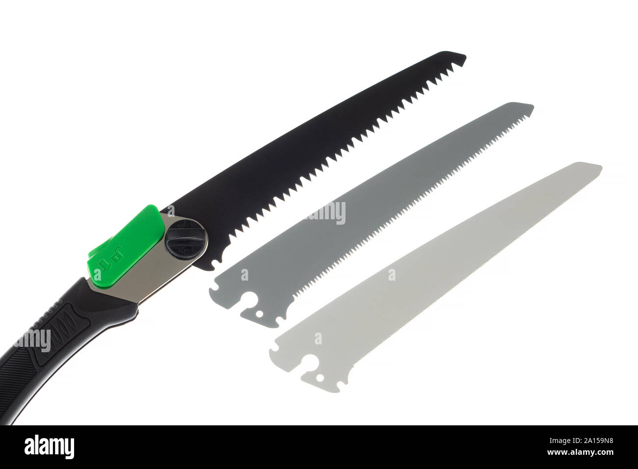 Folding handsaw and replaceable blades isolated on white Stock Photo