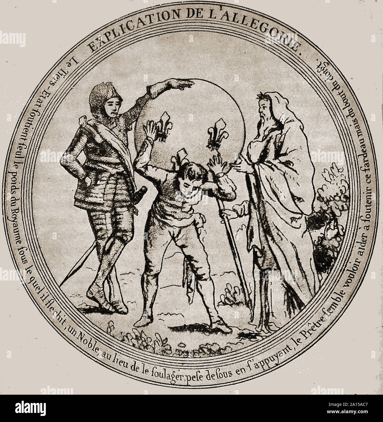 An early French political allegorical cartoon portraying the French Revolution. The peasant is supporting all of France's troubles  on his shoulders whilst the clergy lends support to him  with a single finger. The aristocracy are leaning on his load making his struggle even harder. Stock Photo