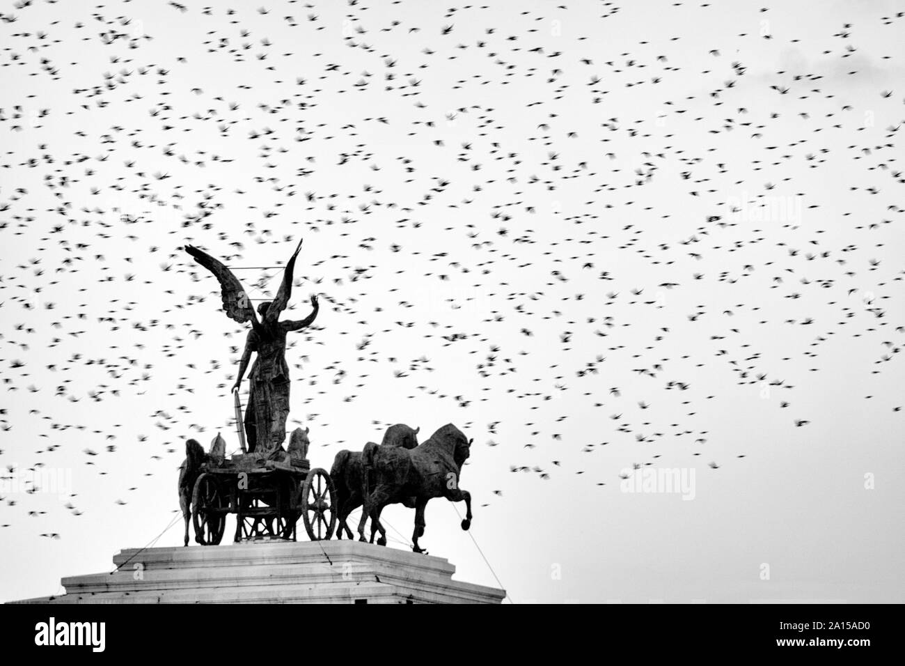 Statue of the goddess Victoria riding on quadriga on the top of the Monument to Vittorio Emanuele II surrounded by starlings , Rome, Italy Stock Photo