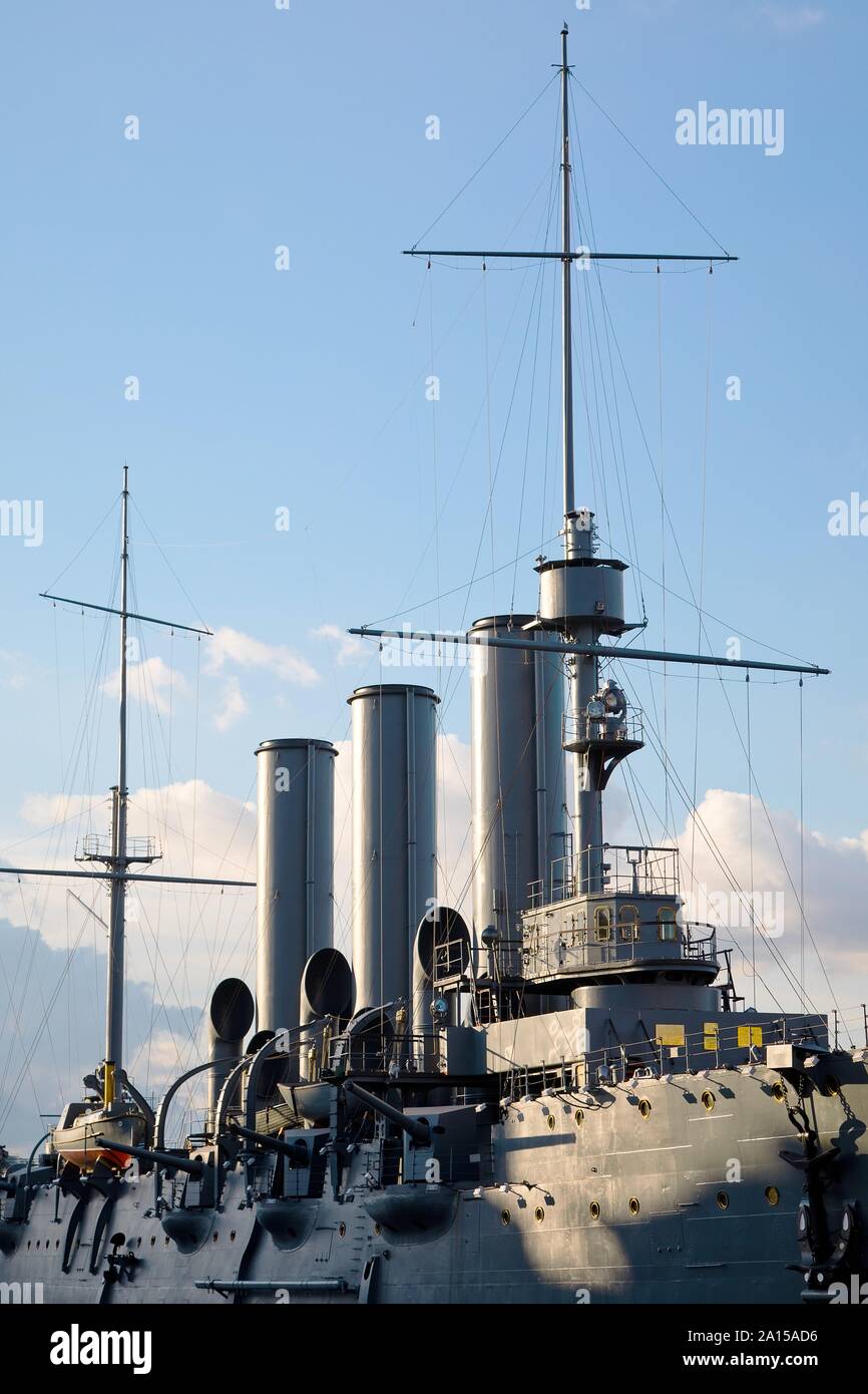 St. Petersburg, Russia July 6, 2019 Detail of Russian cruiser Aurora
