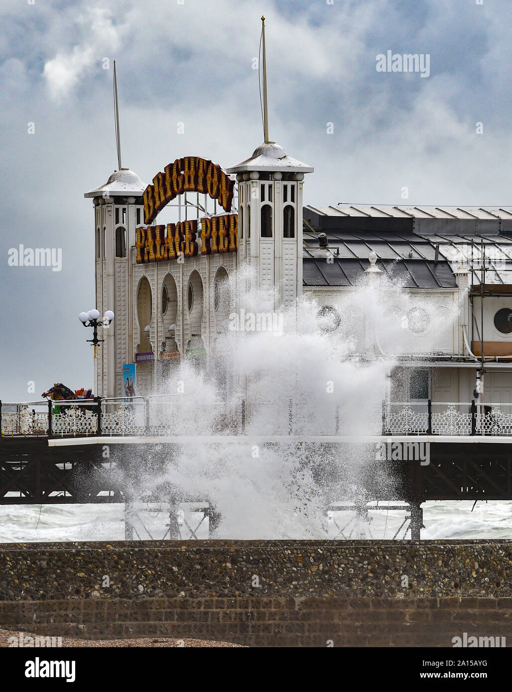 Brighton, UK. 24th Sep, 2019. Waves crash in on the beach by Brighton Palace Pier as wind and rain batters most of Britain today. Credit: Simon Dack/Alamy Live News Stock Photo