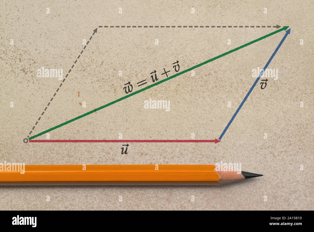 Pencil and a graphical representation of vector summation on grunge background Stock Photo