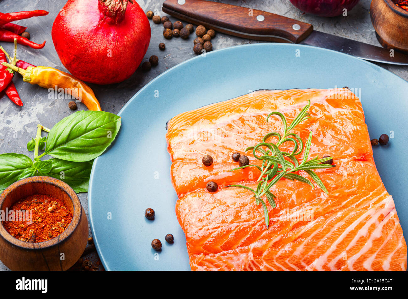 Salt fish.Raw salmon fillet with cooking ingredients Stock Photo Alamy