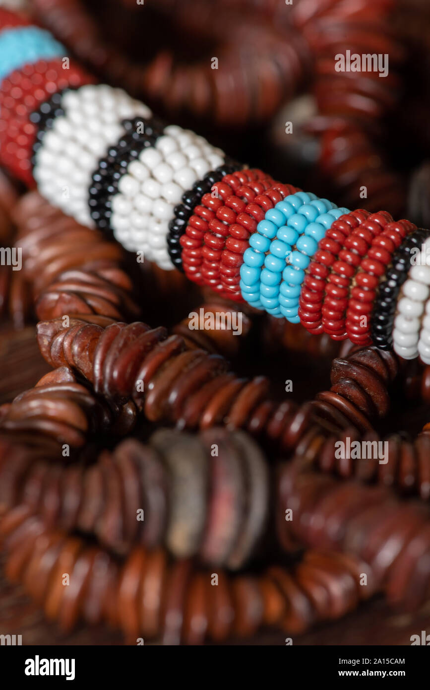 A close-up shot of African beads higlights the stunning detail, beautiful patterns and rich earthy colours of the African continent Stock Photo