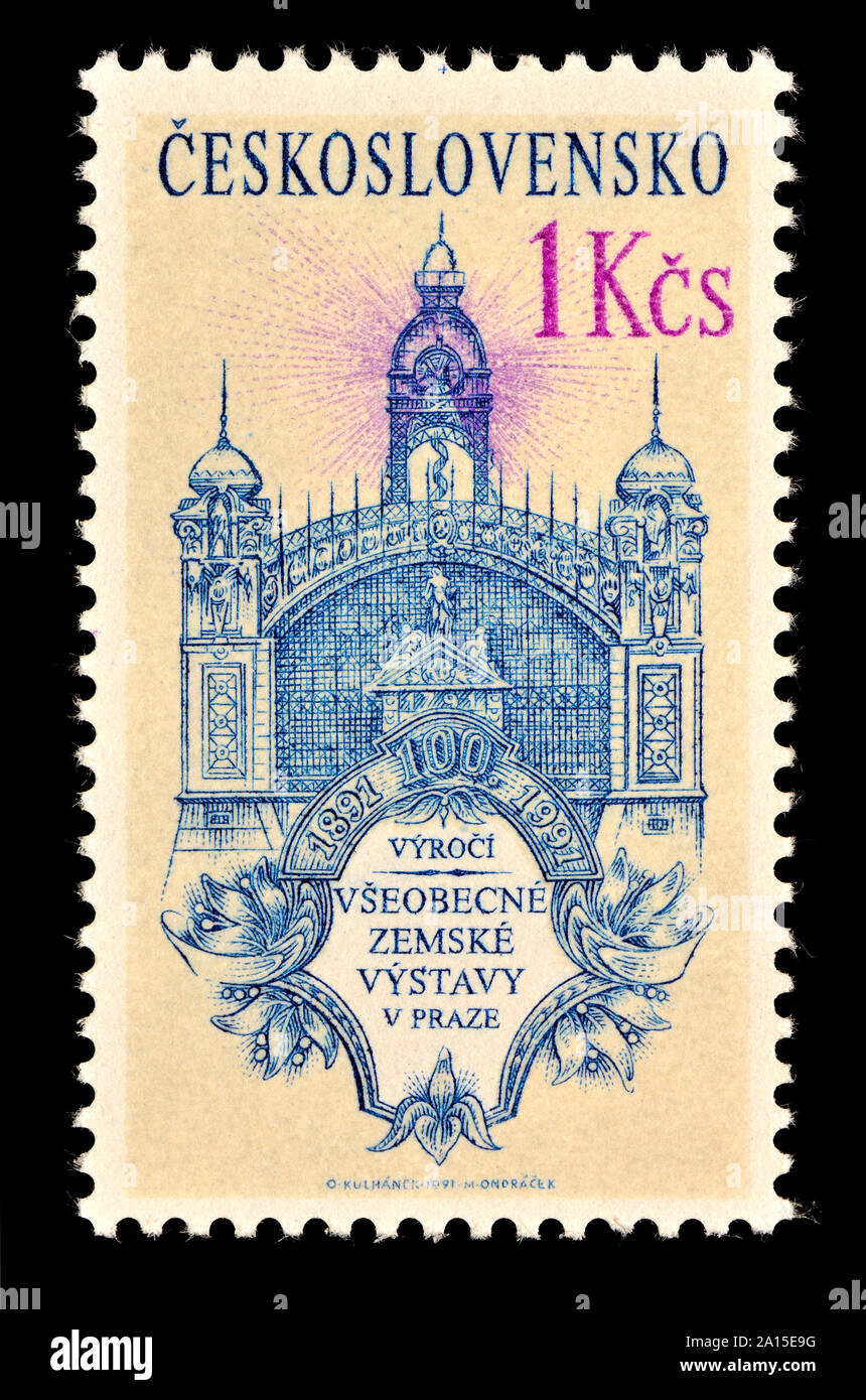 Czechoslovakian postage stamp (1991) : 100th anniversary of the Prague Exhibition in 1891 at Výstaviště exhibition hall Stock Photo