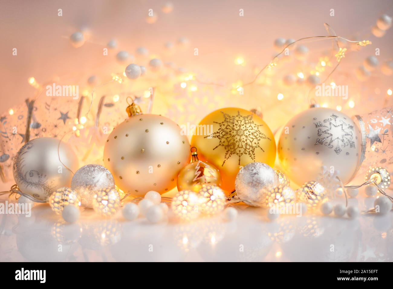 Christmas decorative balls and Christmas lights. Festive Christmas background Stock Photo - Alamy