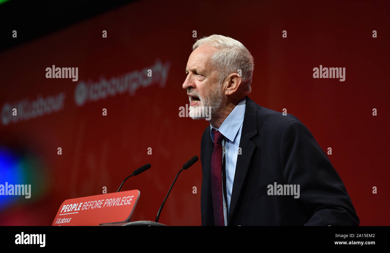 Brighton UK 24 September 2019 - Jeremy Corbyn the leader of the Labour Party speaking at todays Labour Party Conference in Brighton as he reacts to news that Boris Johnson's government shutdown of Parliament was found to be illegal by the Supreme Court . Credit : Simon Dack / Alamy Live News Stock Photo