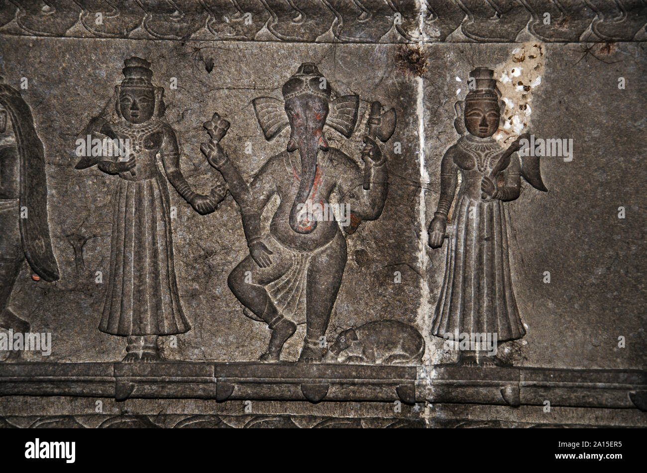 Carving details on the ceiling panel, inside the Vitthal Rukhmini Temple at Palashi, Parner, Maharashtra, India Stock Photo
