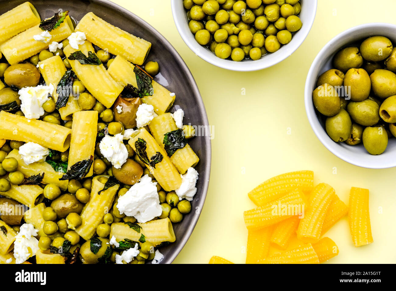 Rigatoni Pasta Salad With Feta Cheese, Peas, Feta Cheese and Mint Stock